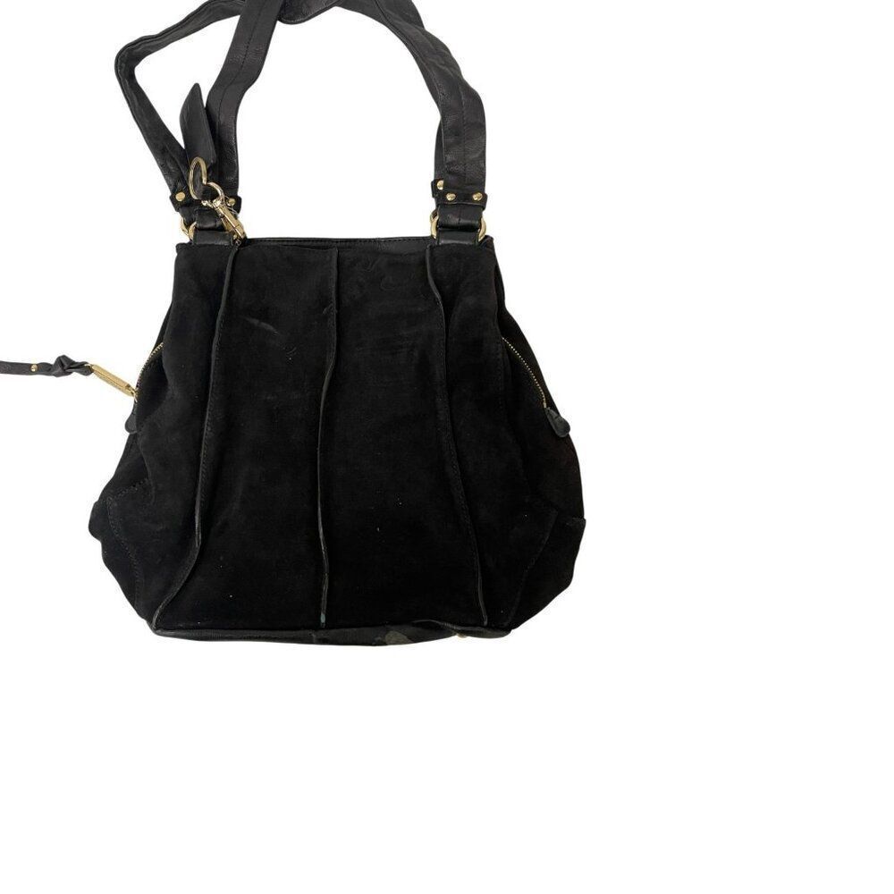 Tignanello Womens Shoulder Handbag Black Suede Leather Double Handle Purse